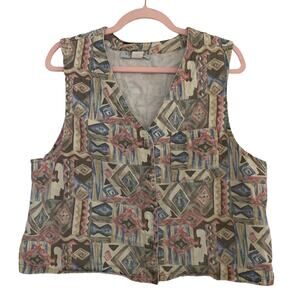 STAMPEDE Vintage Colorful Denim Button Down Sleeveless Vest Large
